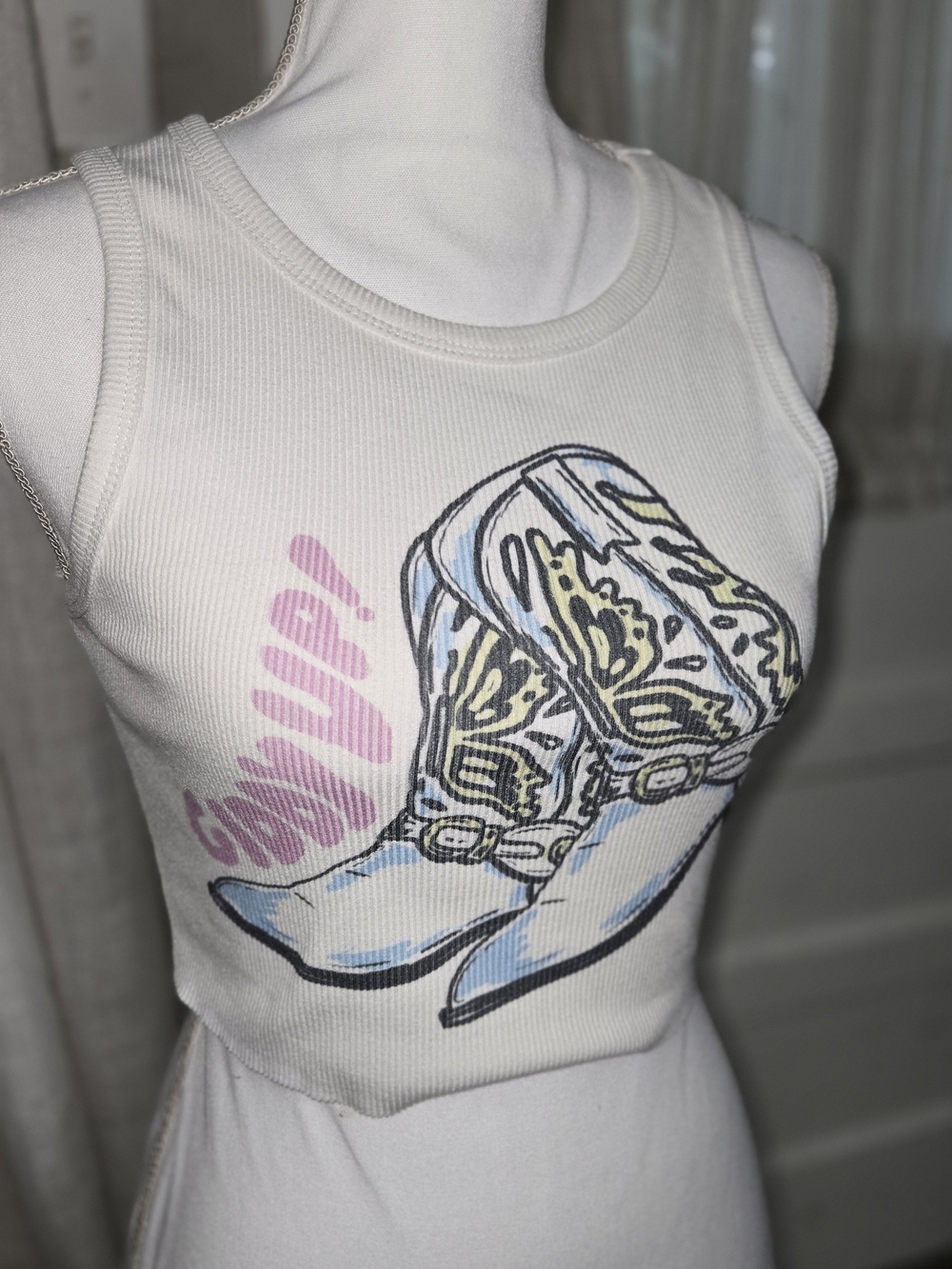 Princess Polly White Ribbed Tank with Pastel Cowboy Boot Graphic